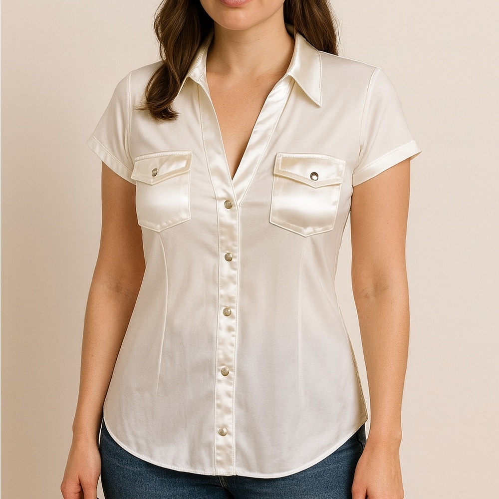 Cache Silky Trim Top Women’s Large Silver Grommet Short Sleeve Minimalist Preppy